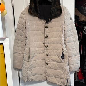 Armani Jeans Beige Puffer Coat with Faux Fur Collar